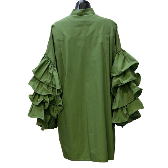 Beulah Style Ruffled Tunic Blouse Collar Green Button-Up M/L - Picture 2 of 7